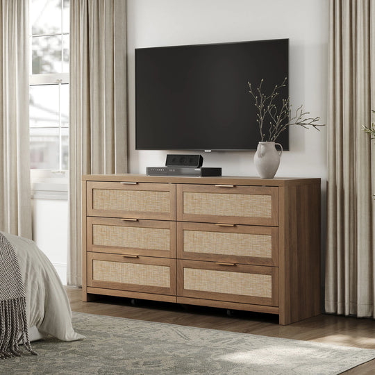 Elegant Right Angled Dresser with 6 Rattan Woven Drawers