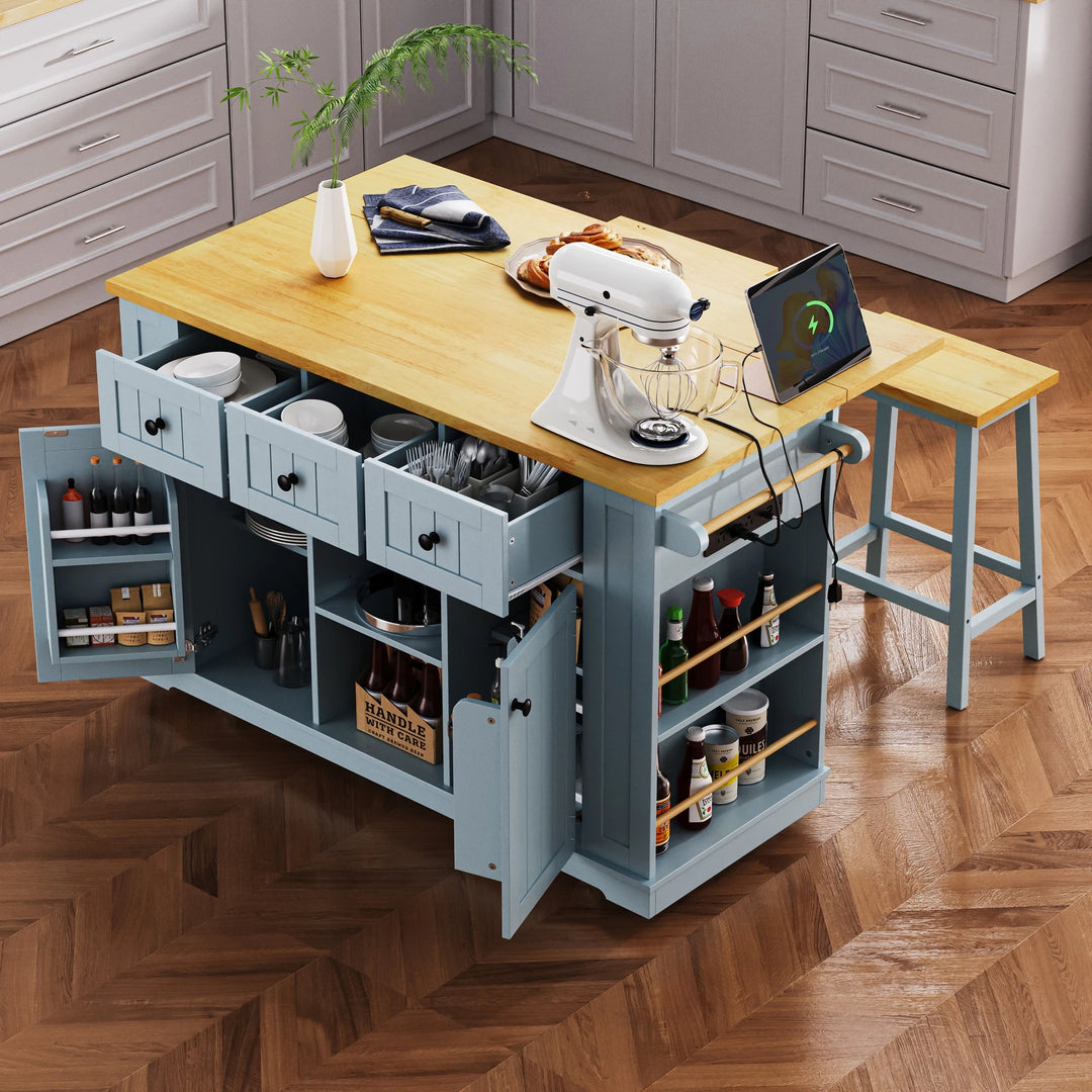 Large Kitchen Island with Drop Leaf,Power Outlet,Door Internal Storage Rack,3 Drawers(Not Include Bar Stools)