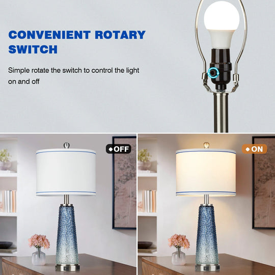 Set of 2 Blue Glass Table Lamps with 2-In-1 Nightlight, USB Ports, and Touch Control