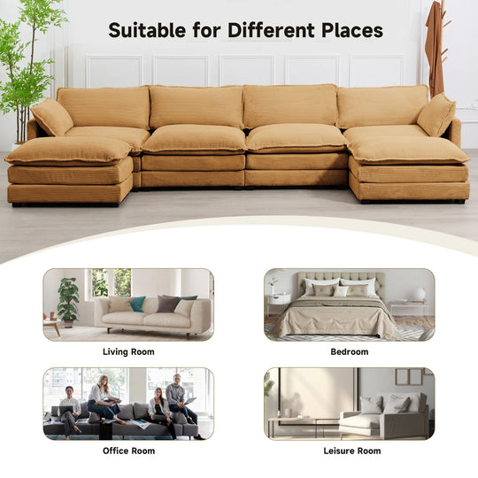 Corduroy Sectional Sofa with Removable Ottomans & Ultra-Soft Cushions for Living Room & Bedroom