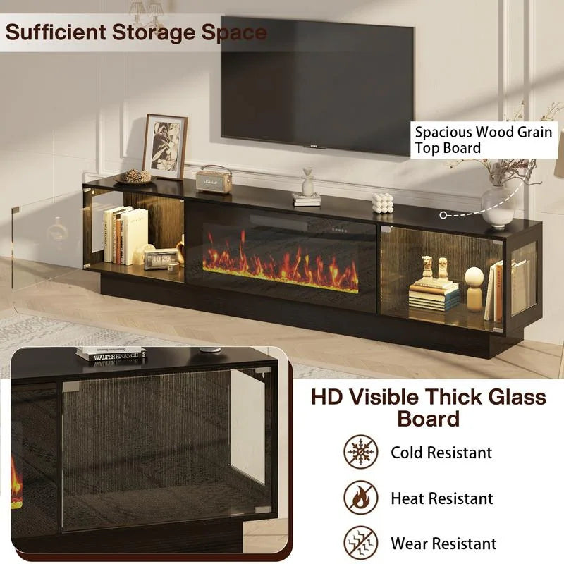 80" Fireplace TV Stand with Adjustable LED Lights, Modern Entertainment Center with Glass Door Storage Cabinet, Black