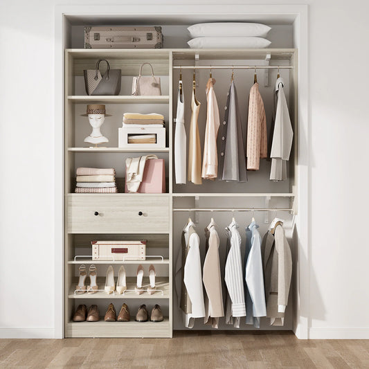 5FT Closet System with 2 Hanging Rods and Wooden Drawer, Walk-In Closet Organizer with 2 Wing Shelve and Adjustable Rack Shelves