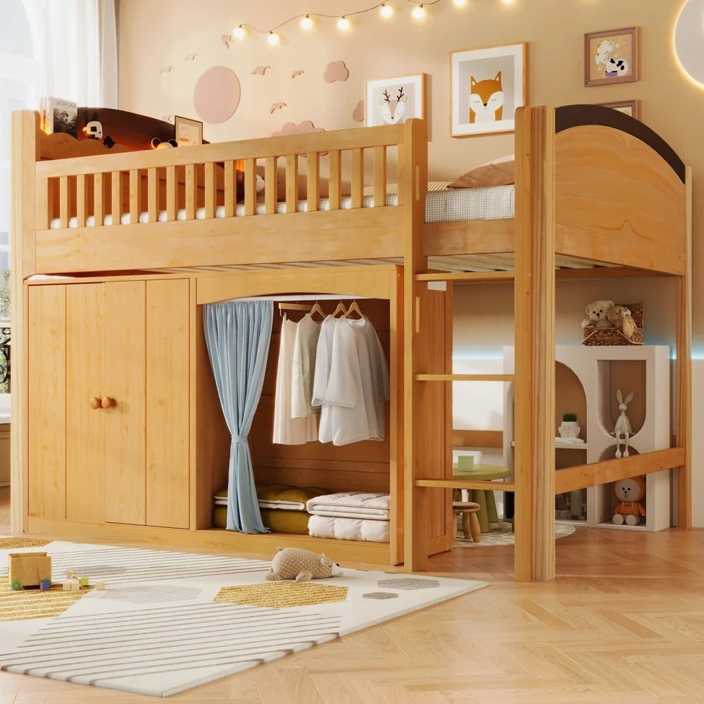 Loft Bed with Storage Cabinet and LED