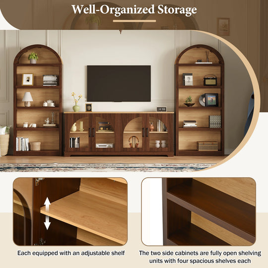 3-Piece Retro Entertainment Center for Tvs up to 70", Two-Tone Farmhouse TV Stand with Sideboard & Bookshelf
