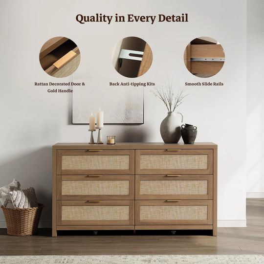 Elegant Right Angled Dresser with 6 Rattan Woven Drawers