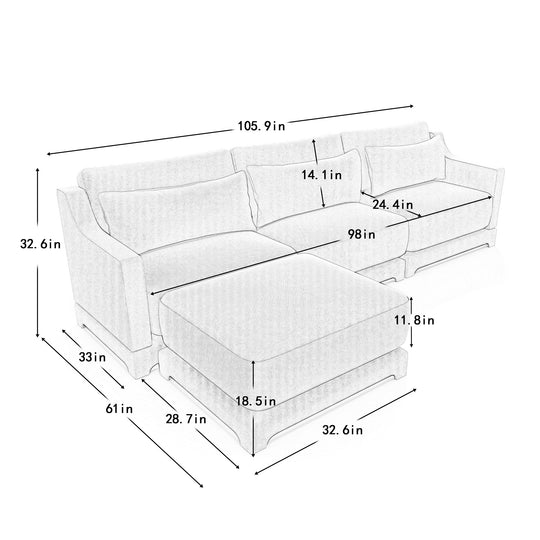 Modern Chenille 4-Seater Sofa with 2 Ottoman, Lumbar Cushions, Ergonomic Backrest, High-Resilience Spongeand Tufted Armrests