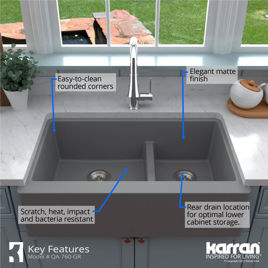 Farmhouse/Apron-Front Quartz Double Bowl Kitchen Sink