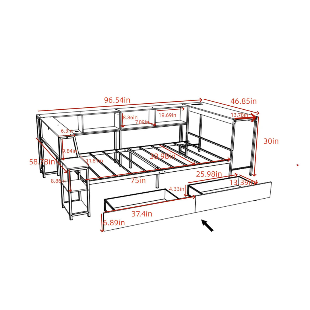 Corner Bed Frame Full Size with Bookcase Two Underbed Storage Drawers LED