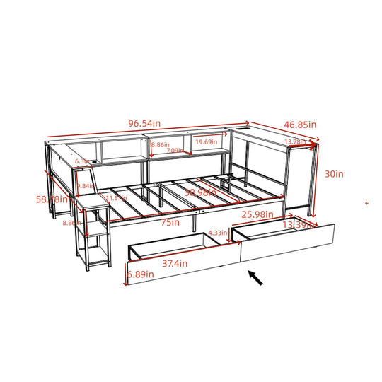 Corner Bed Frame Full Size with Bookcase Two Underbed Storage Drawers LED