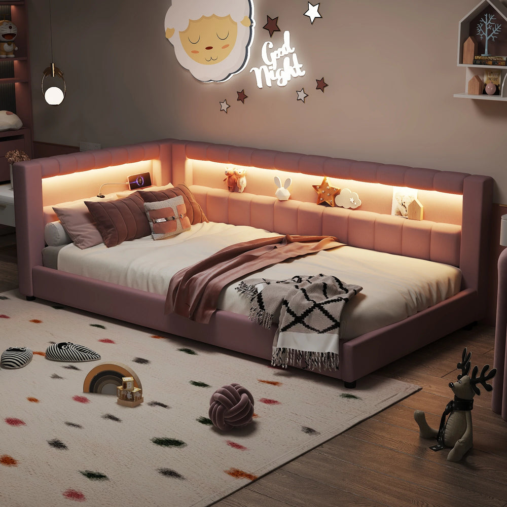 Upholstered Low-Profile Daybed Platform Bed Built-In USB Ports and LED Light Belt, Grounded Design with Padded Backrest
