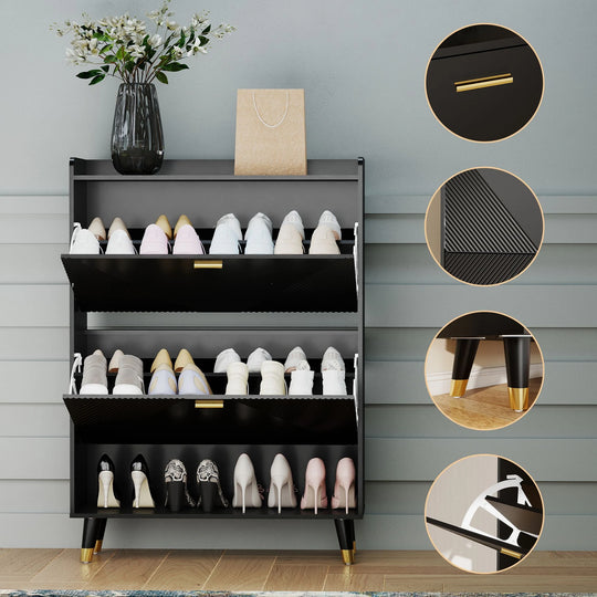 Slim Shoe Cabinet, Fluted Hidden Shoe Storage Cabinet with 2 Flip Drawers
