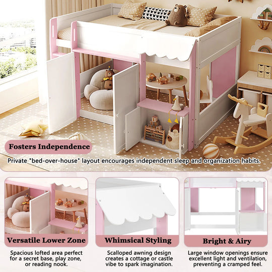 Full Loft House Bed with Playhouse Storage Modern Wood Cabin Bed for Kids