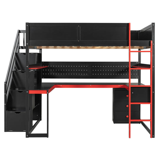 Full Size Wooden Gaming Loft Bed with Storage Stairs, Desk, Shelves and Pegboard