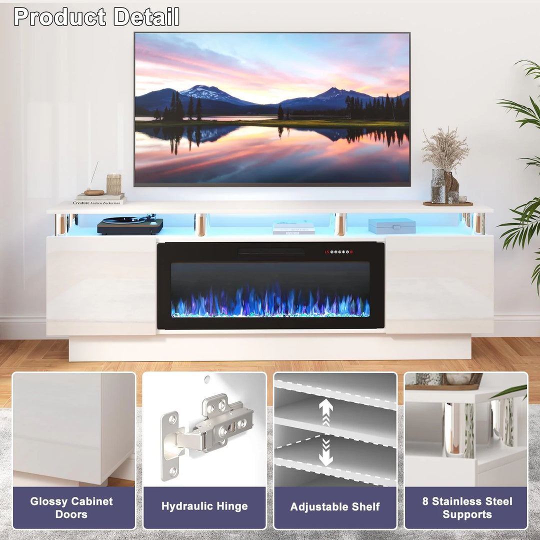 70" Modern Electric Fireplace TV Stand, with Electronic Flame and LED Lights, High Gloss Finish Entertainment Center