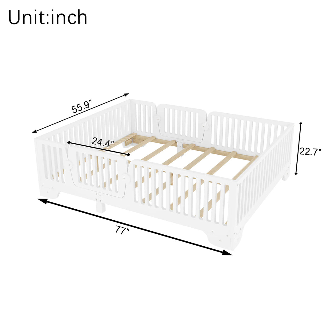 Full Size Montessori Floor Bed Frame with Safety Rails and Removable Door, Low Profile Kids Bed with Slatted Support