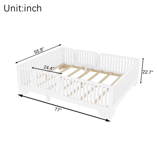Full Size Montessori Floor Bed Frame with Safety Rails and Removable Door, Low Profile Kids Bed with Slatted Support