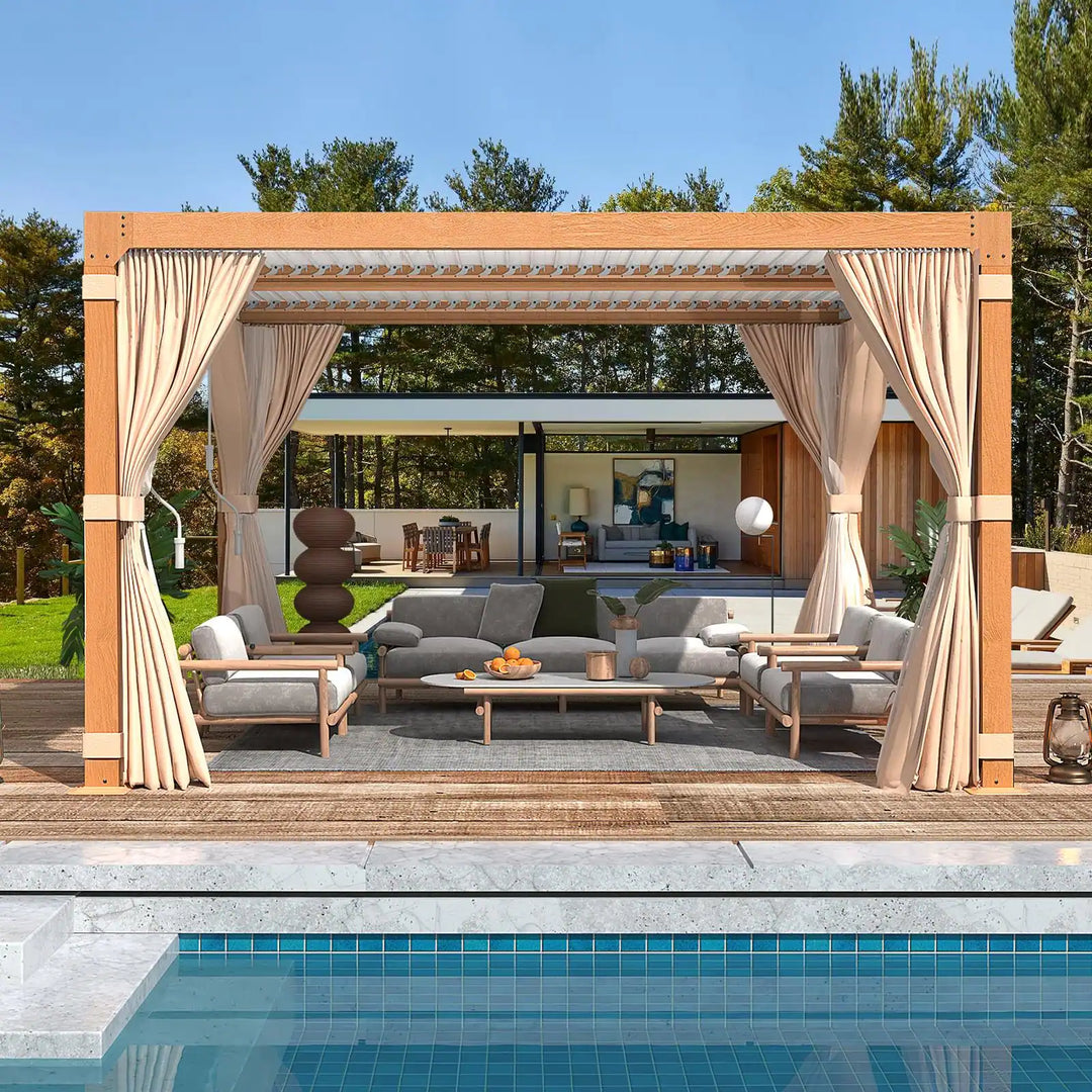 Outdoor Louvered Pergola Gazebo with Adjustable Aluminum Rainproof Roof and Pull-Down Screen