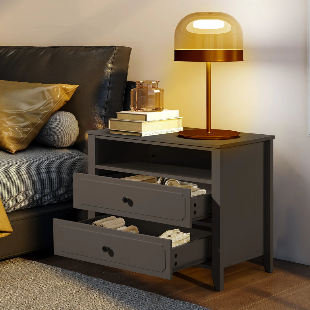 Wide Nightstand – 2‑Drawer Bedside Table with Open Shelf, MDF Wood End Table for Bedroom Living Room