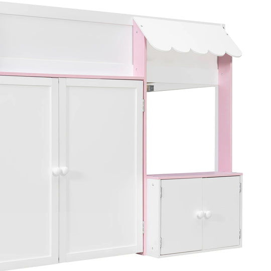 Full Loft House Bed with Playhouse Storage Modern Wood Cabin Bed for Kids
