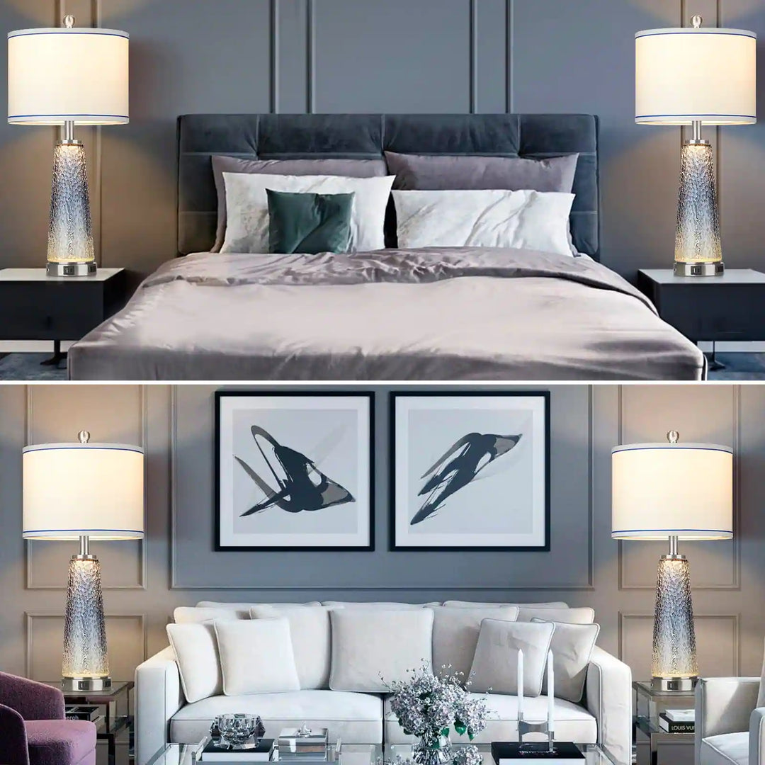 Set of 2 Blue Glass Table Lamps with 2-In-1 Nightlight, USB Ports, and Touch Control
