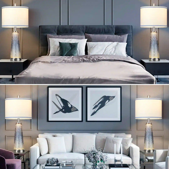 Set of 2 Blue Glass Table Lamps with 2-In-1 Nightlight, USB Ports, and Touch Control