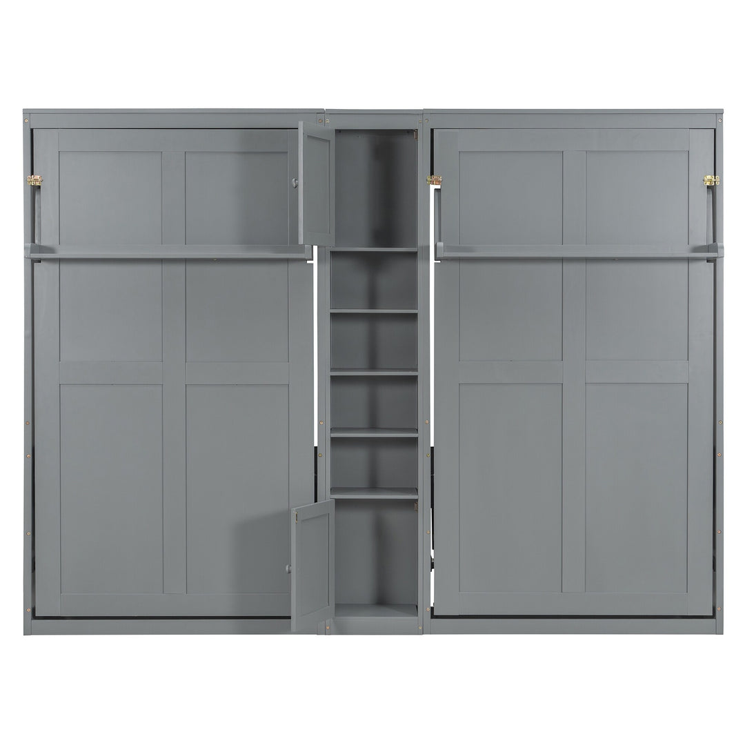 Dual Twin Size Wall Murphy Beds with Cabinets and Shelves, Space-Saving Design