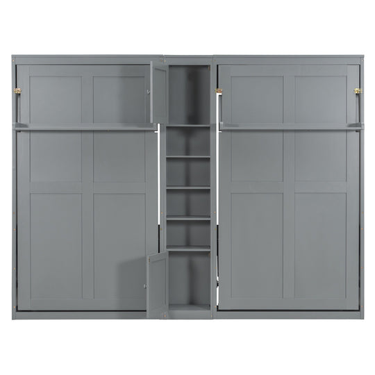 Dual Twin Size Wall Murphy Beds with Cabinets and Shelves, Space-Saving Design