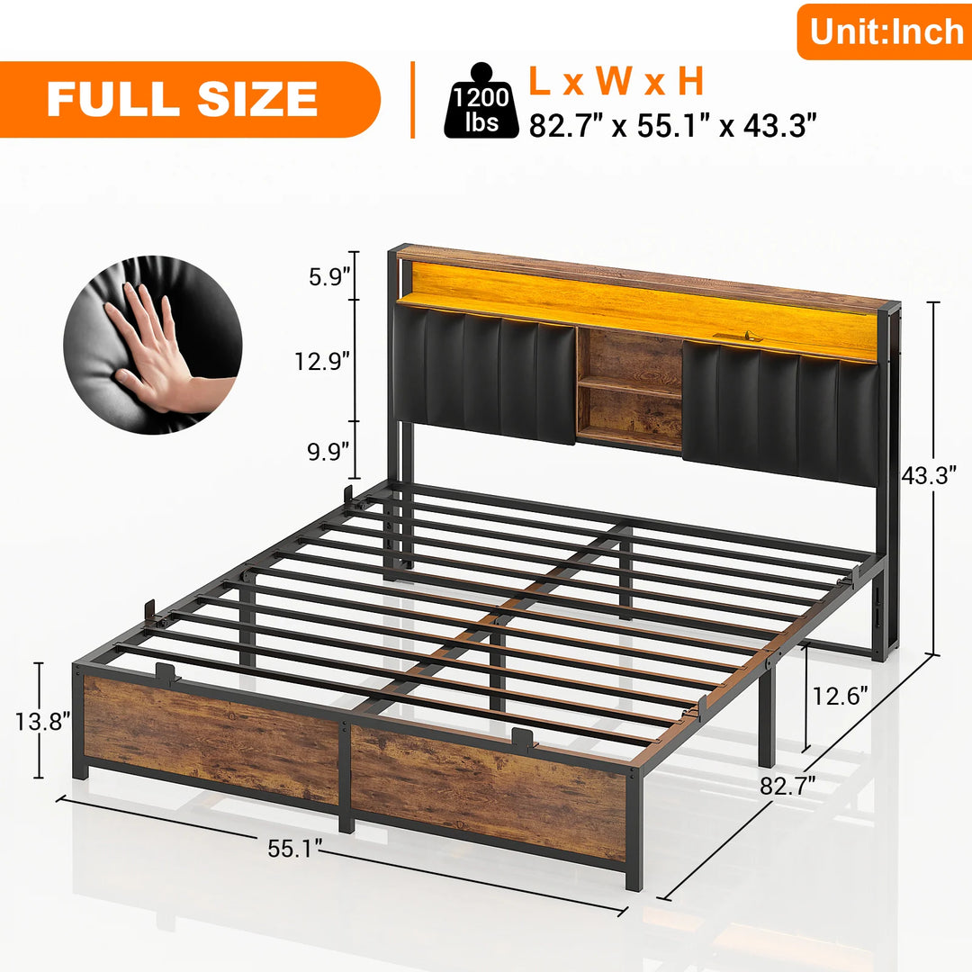 Upholstered Bed Frame with Storage Shelving, Platform Beds with Charge Station and LED Lights
