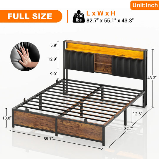 Upholstered Bed Frame with Storage Shelving, Platform Beds with Charge Station and LED Lights