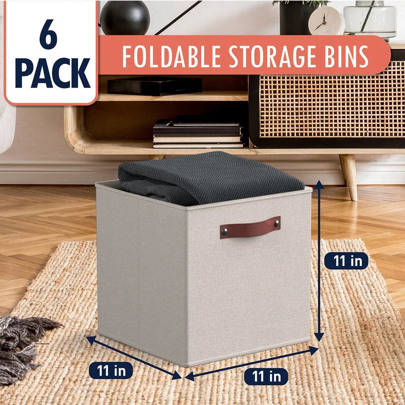 Foldable Collapsible Storage Box Bins Linen Fabric Shelf Basket Cube Organizer with Leather Handles - Set of 6