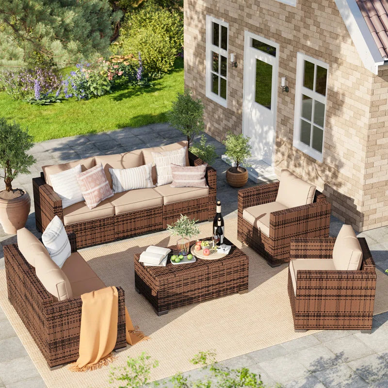 Azoriah 7 - Person Oversized Armrest Outdoor Sectional Furniture Rattan Sets W/Storage Table