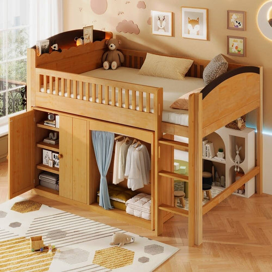 Loft Bed with Storage Cabinet and LED