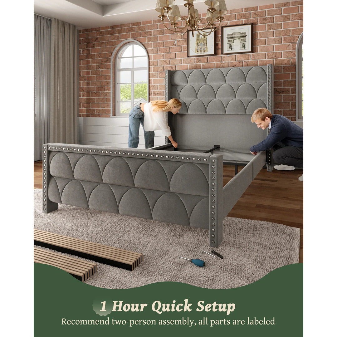 Hansabenne Solid Wood Bed Frame Queen and King Platform Bed Frame with Headboard White and Gray
