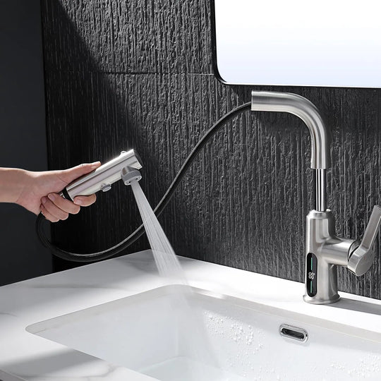 Single Hole Liftable Bathroom Faucet with Temperature Display in Fahrenheit, 3 Water Modes, BF2501