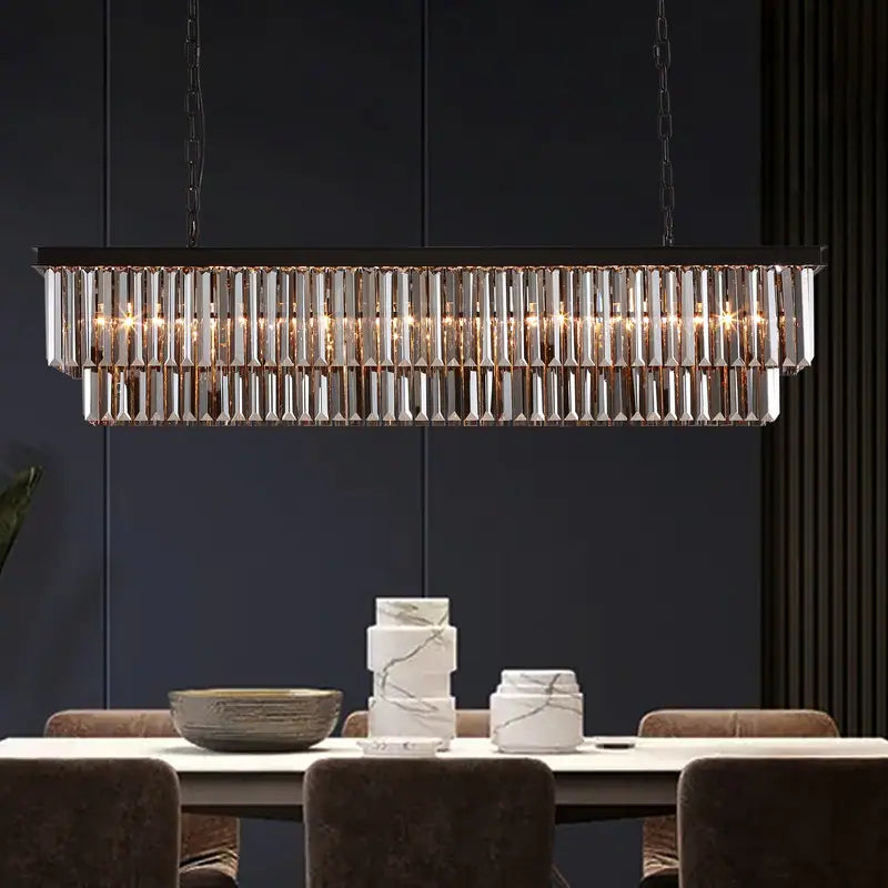 47 In. Smoked Gray and Black Modern Contemporary Crystal Chandelier 2-Tier Linear Kitchen Island Pendant Light for Dining Room