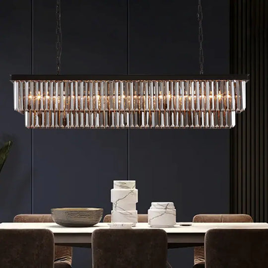 47 In. Smoked Gray and Black Modern Contemporary Crystal Chandelier 2-Tier Linear Kitchen Island Pendant Light for Dining Room
