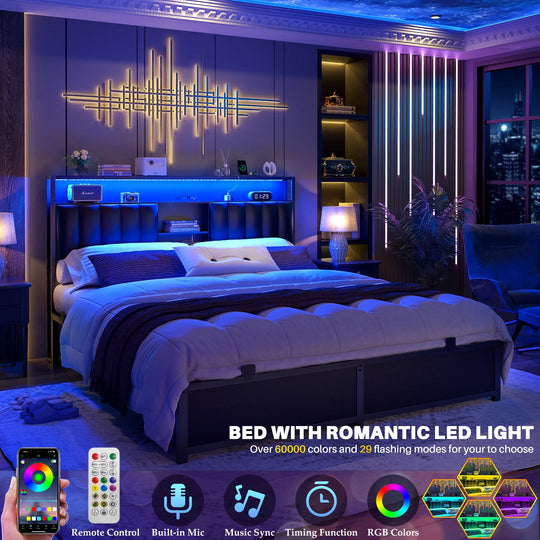 Upholstered Bed Frame with Storage Shelving, Platform Beds with Charge Station and LED Lights