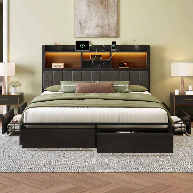 Bed Frame with 6 Storage Drawers, Linen Upholstered Headboard, Built in Charging Station and Led