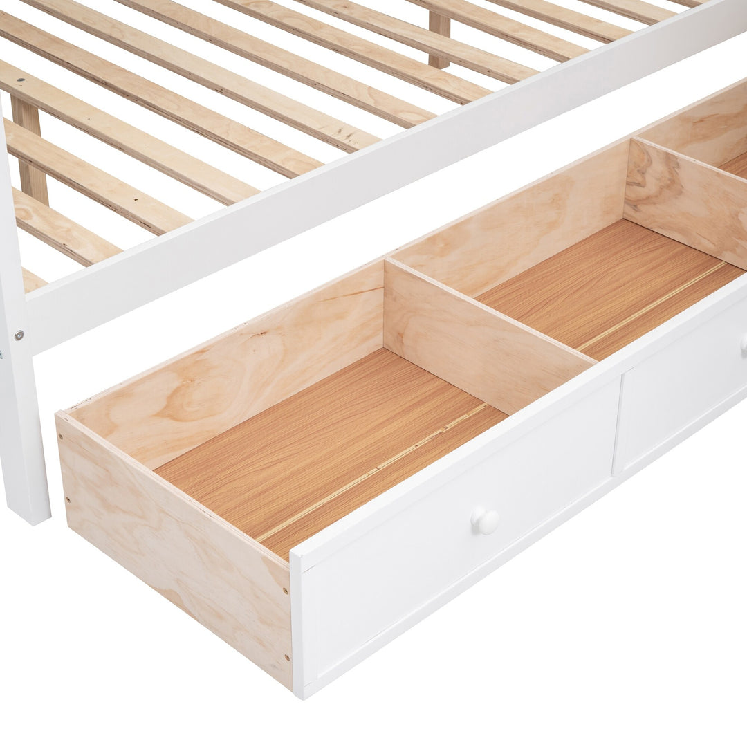 L-Shaped Bunk Bed with Three Drawers, Portable Desk and Wardrobe, Twin-Twin over Full Design