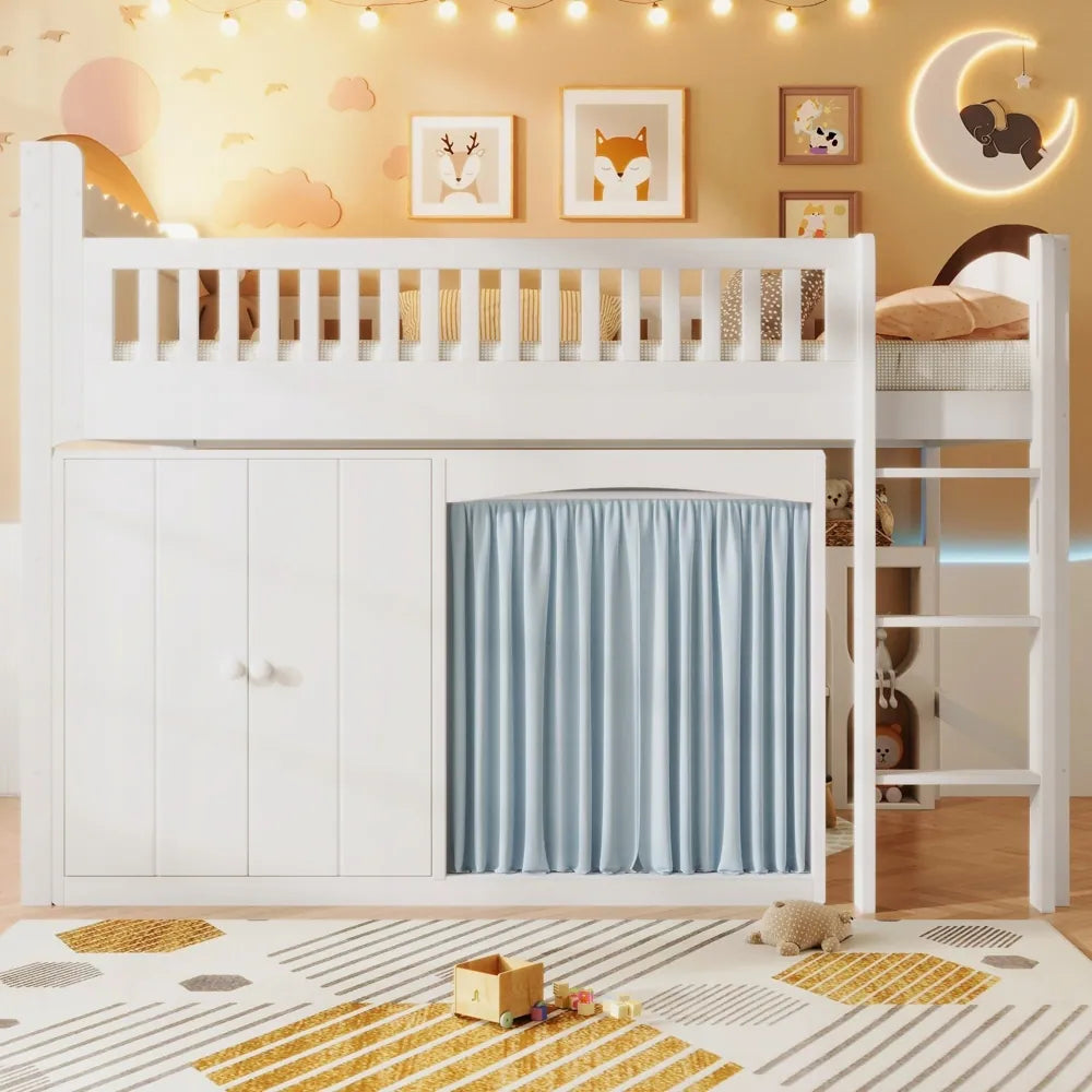 Loft Bed with Storage Cabinet and LED