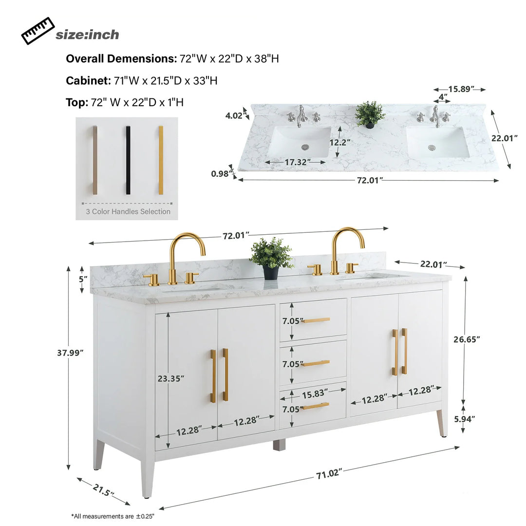 72" Double Sink Bathroom Vanity Cabinet with Engineered Marble Top