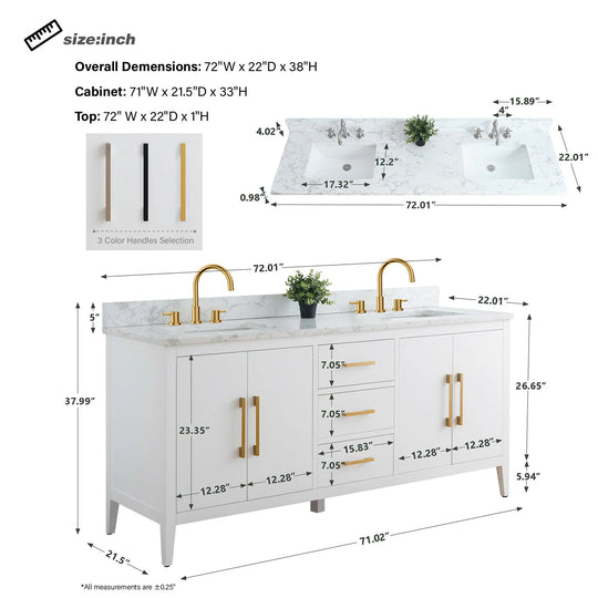 72" Double Sink Bathroom Vanity Cabinet with Engineered Marble Top