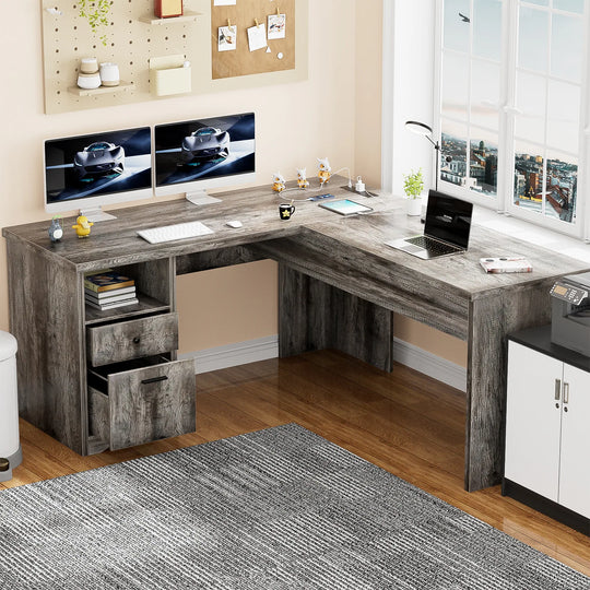 Modern Farmhouse Lift Top L-Shaped Desk with Charge Station, Corner Desk with File Drawers for Home Office