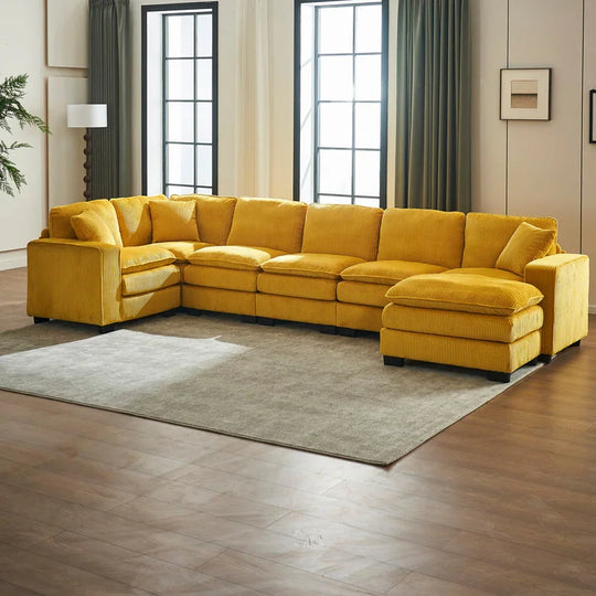 Modern U-Shaped 6-Seater Sectional Sofa with One Footstool