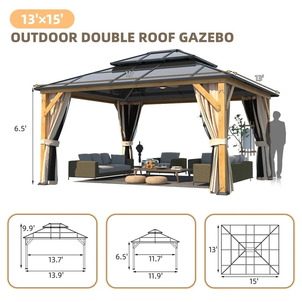Hardtop Wood Gazebo with Double Roof – Free Dust Cover with 12X16 or 12X20 Model – Waterproof Outdoor Gazebo