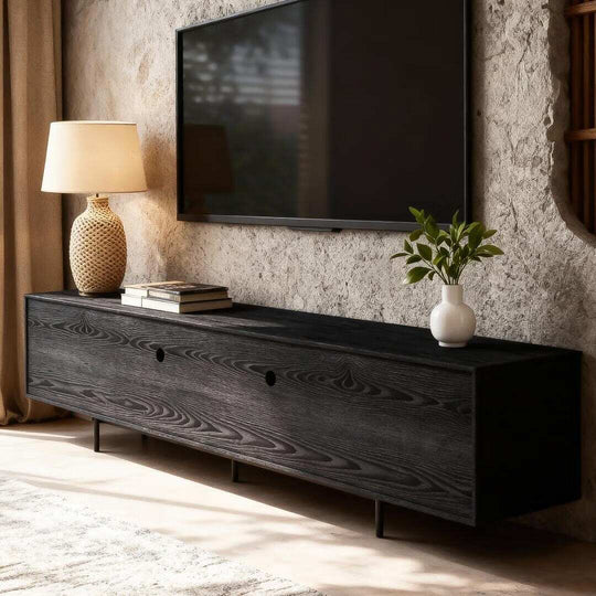 94.48 Inch Extra Long Black TV Stand with Slatted Doors, Modern Entertainment Center for Tvs up to 100 Inches,