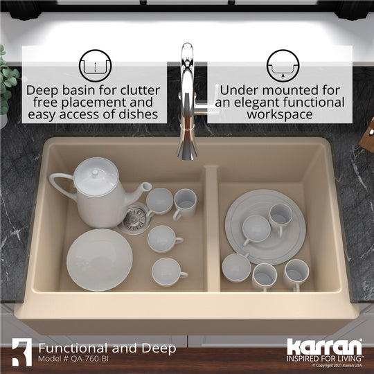 Farmhouse/Apron-Front Quartz Double Bowl Kitchen Sink