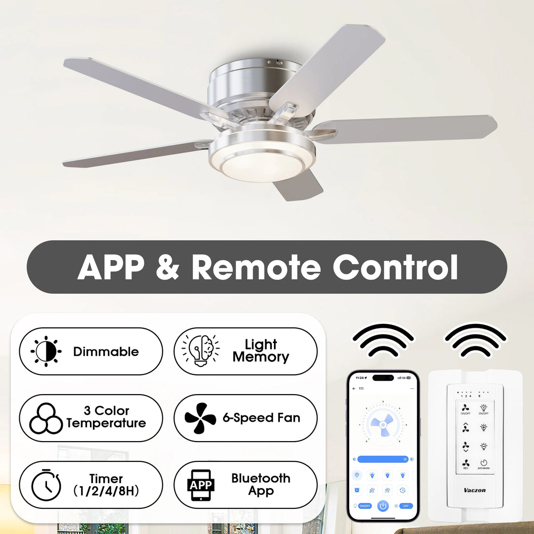Vaczon 52" Brushed Nickel 5-Blade Modern Flush Mount Smart Ceiling Fan with Light and App