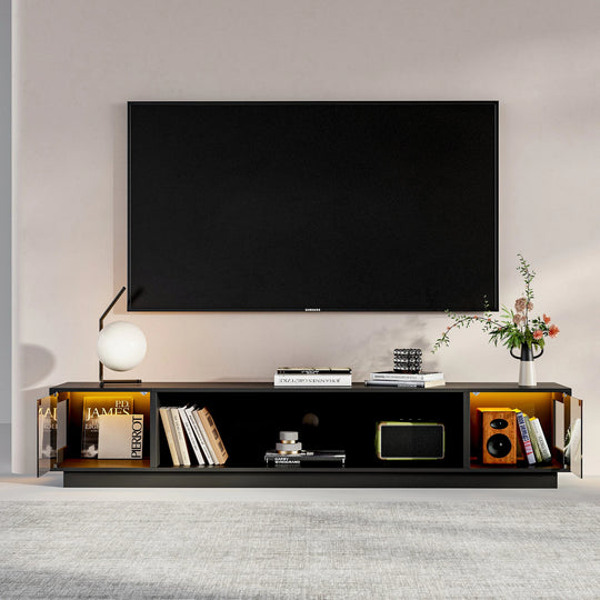 Modern Black Fireplace TV Stand Combo,Remote Fireplace Heater,2 Drawers,Light Strip & USB