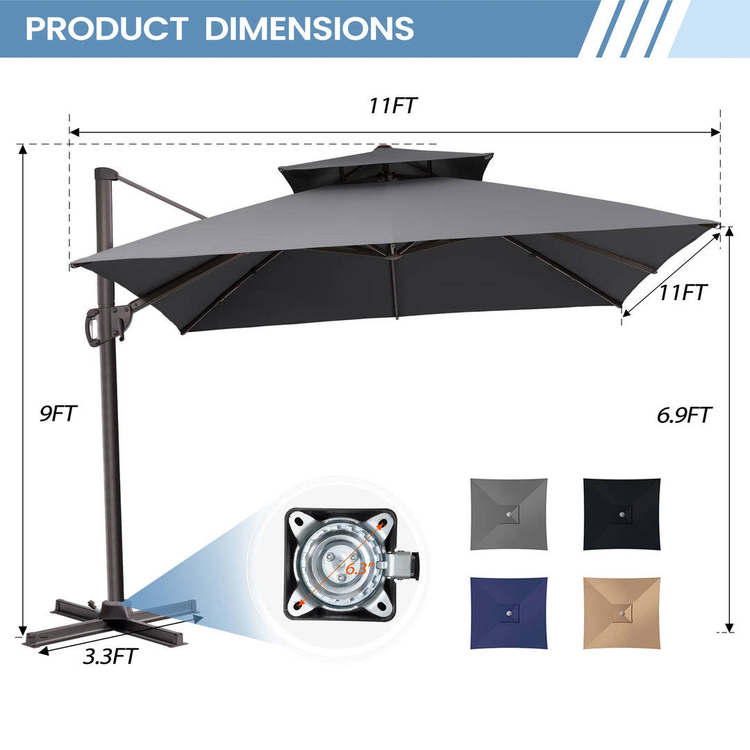 11 X 11 FT Outdoor Square Patio Cantilever Offset Umbrella with Crank and 360 Degrees Rotation